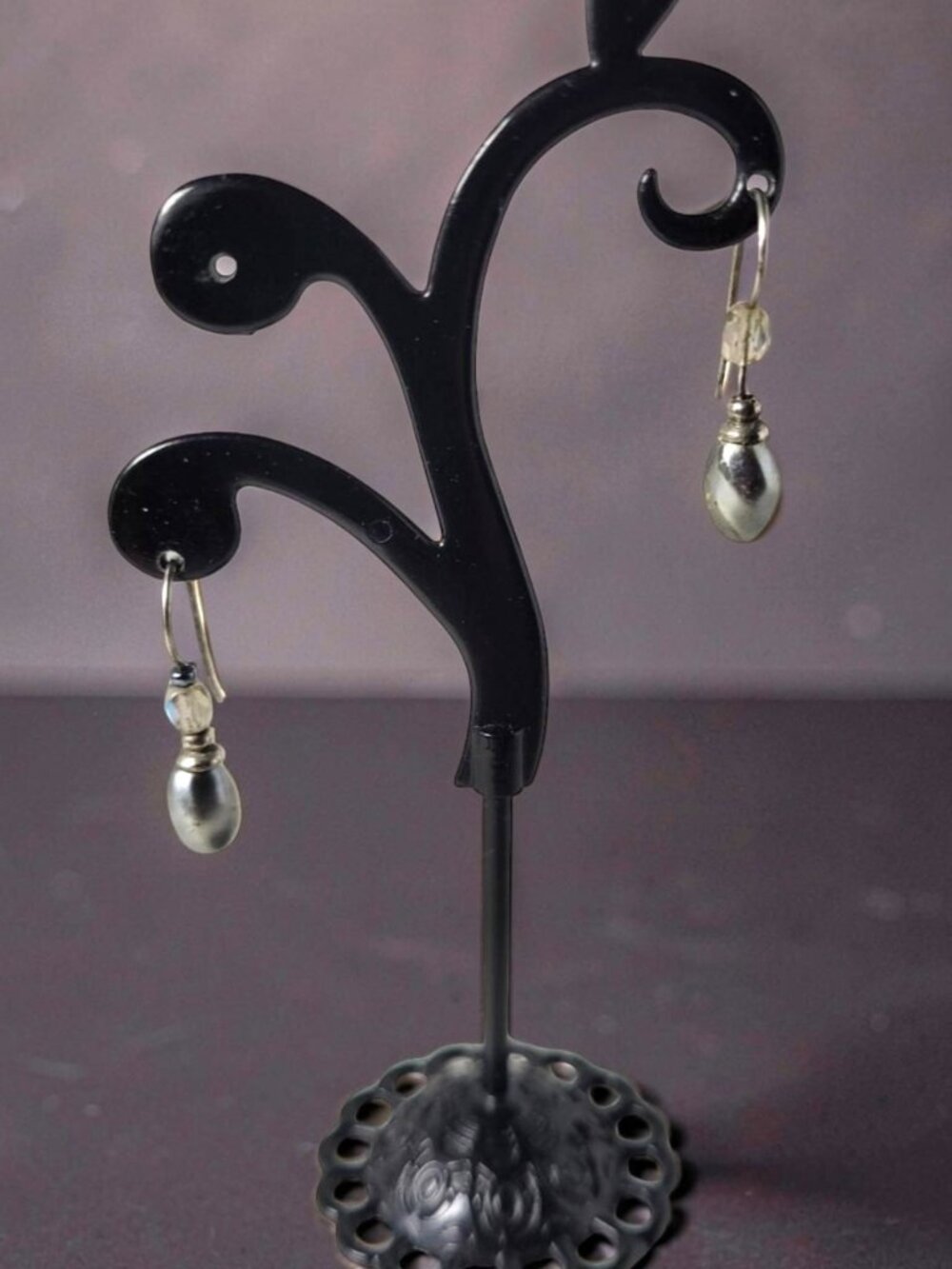 Vintage Metalic Grey Bead Aurora Borealis Crystal Ear Wire Earrings
